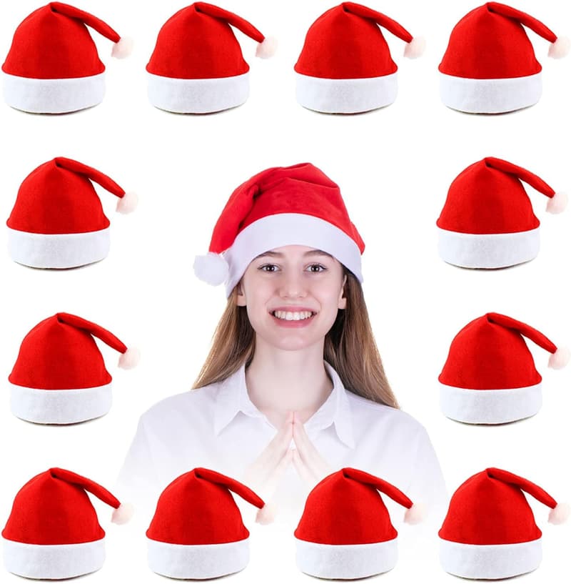 Bulk Santa Hats for Adults - 12 Universal Fit Christmas Hats