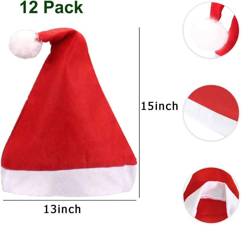 Bulk Santa Hats for Adults - 12 Universal Fit Christmas Hats