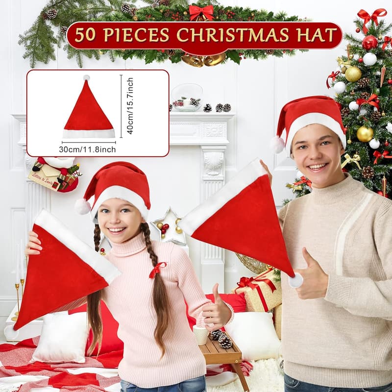 50 Pcs Santa Hats - Non-Woven Fabric Xmas Party Supplies
