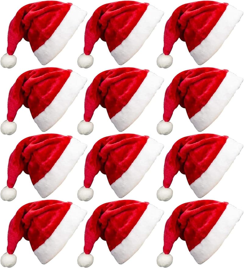 12-Pack Plush Santa Hats for Kids & Adults - Red with White Cuffs