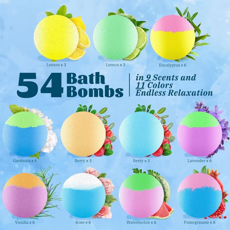 Handmade Bath Bombs – 54 Pack, 11 Colors & 9 Scents for Relaxation