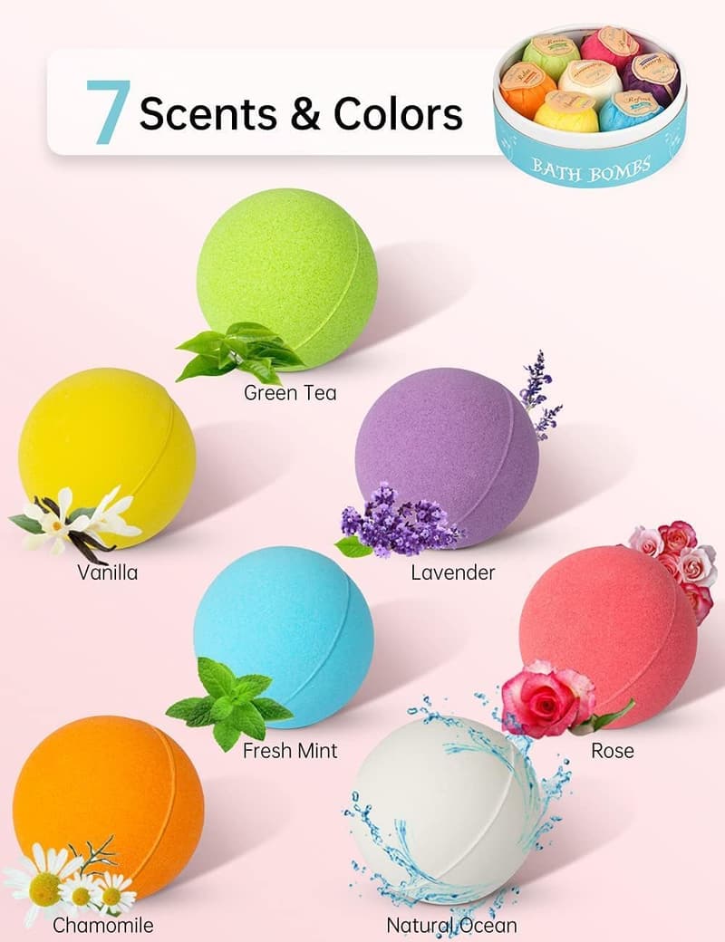 Natural Handmade Bath Bombs Gift Set for Women - 7pcs Fizzies