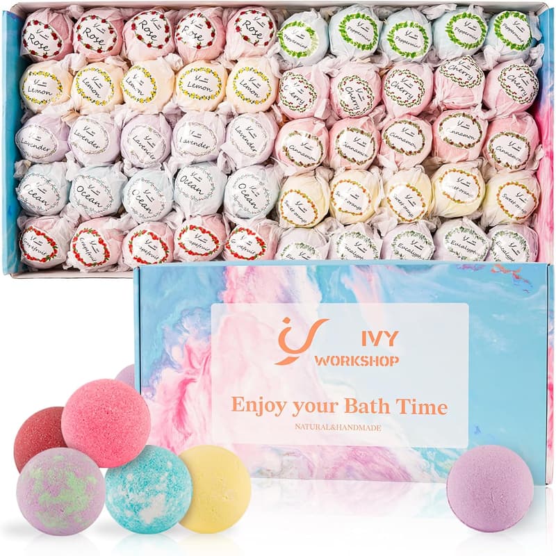 Natural Organic Bath Bomb Gift Set for Women - 50 pcs, 10 Scents