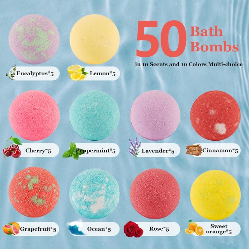 Natural Organic Bath Bomb Gift Set for Women - 50 pcs, 10 Scents