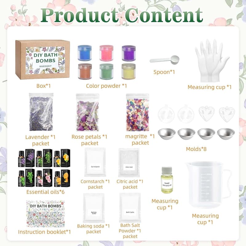 Floral DIY Bath Bomb Making Kit, 33 Pcs with Molds