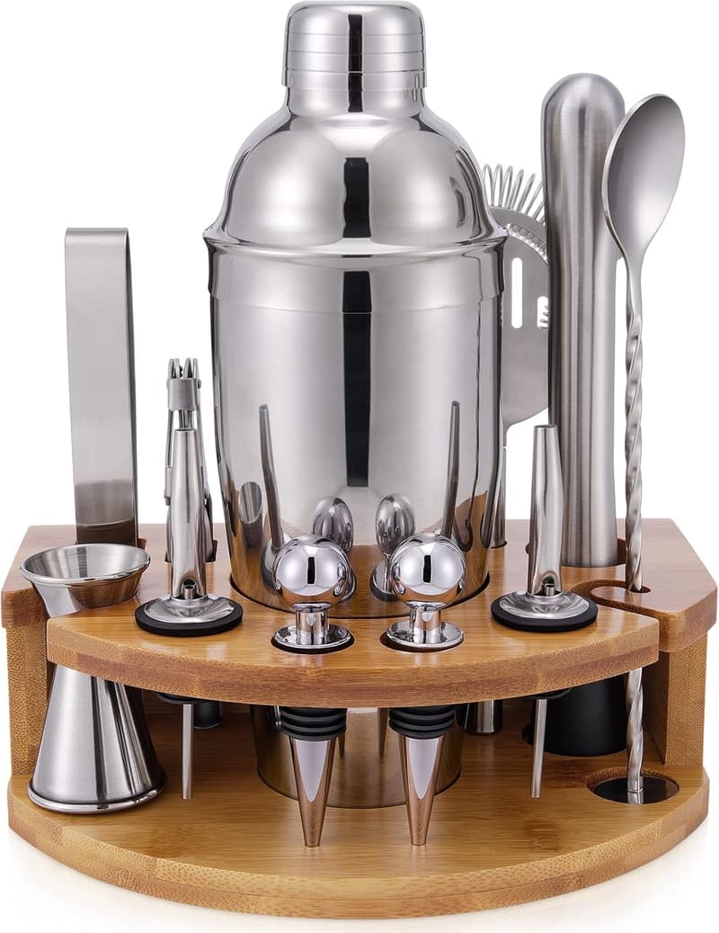 Cocktail Shaker Set with Bamboo Stand - 12-Piece Bar Tools