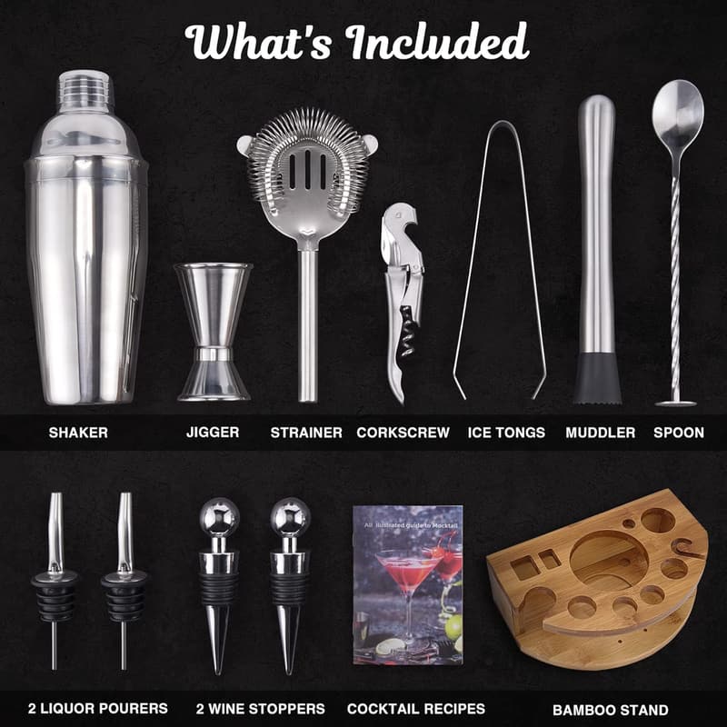 Cocktail Shaker Set with Bamboo Stand - 12-Piece Bar Tools
