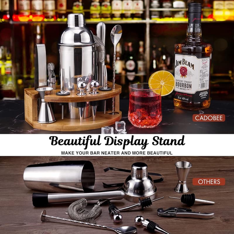 Cocktail Shaker Set with Bamboo Stand - 12-Piece Bar Tools
