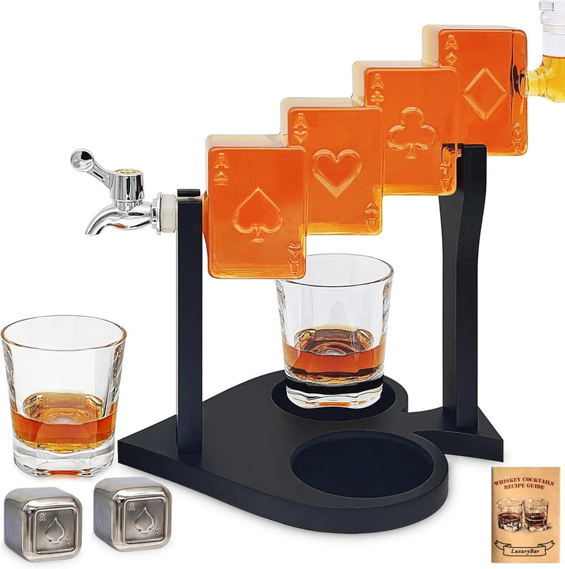 Casino Whiskey Decanter Set for Men - 27oz with Tray & Stones