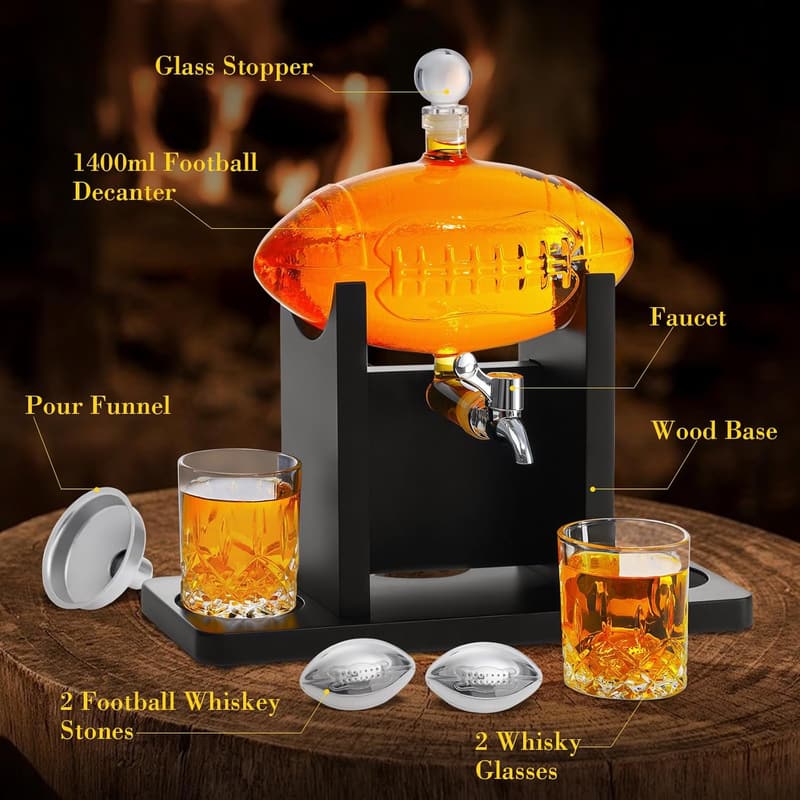 Football Whiskey Decanter Set with 2 Glasses - Ideal Gift for Men