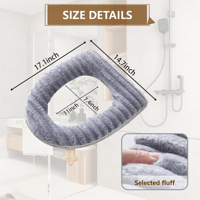 Washable Gray Toilet Seat Warmer Cover with Zipper Snaps