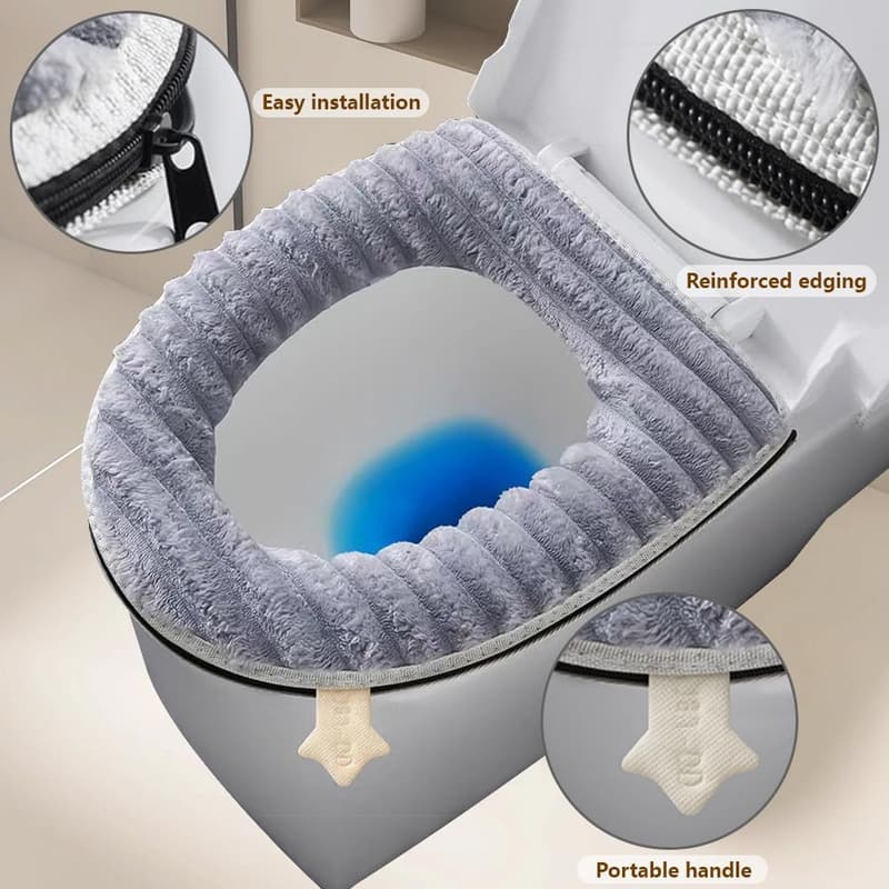 Washable Gray Toilet Seat Warmer Cover with Zipper Snaps