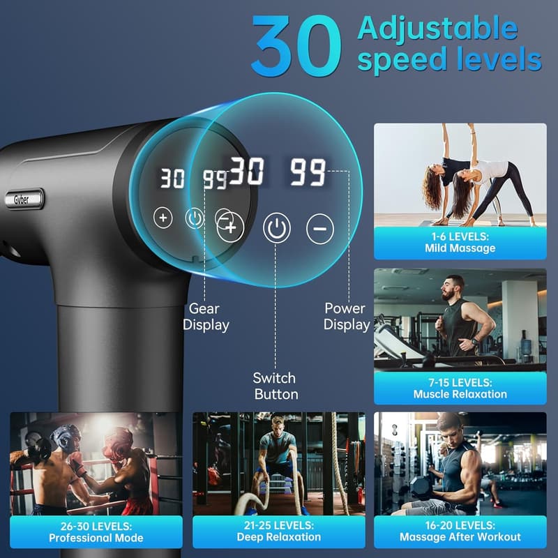 Handheld Deep Tissue Massage Gun for Athletes – 6 Attachments, 30 Speeds