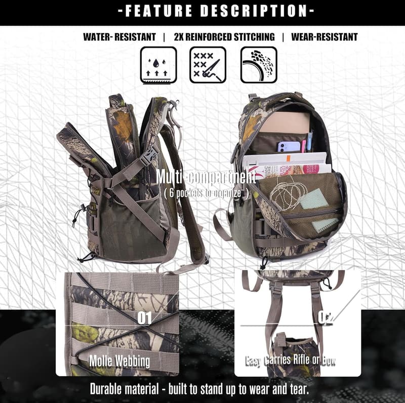 Hunting Daypack with Rifle/Bow Holder & Waterproof Cover