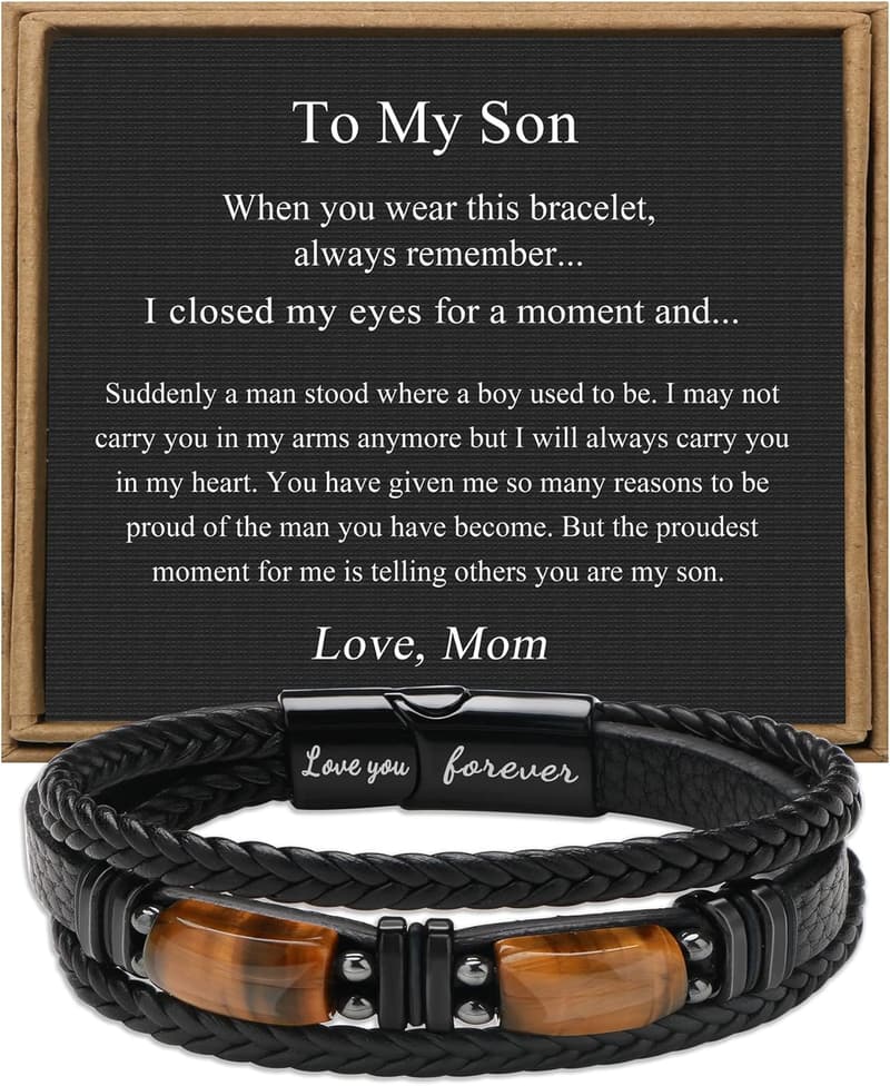 Father's Day Leather Bracelet with Tiger's Eye for Men