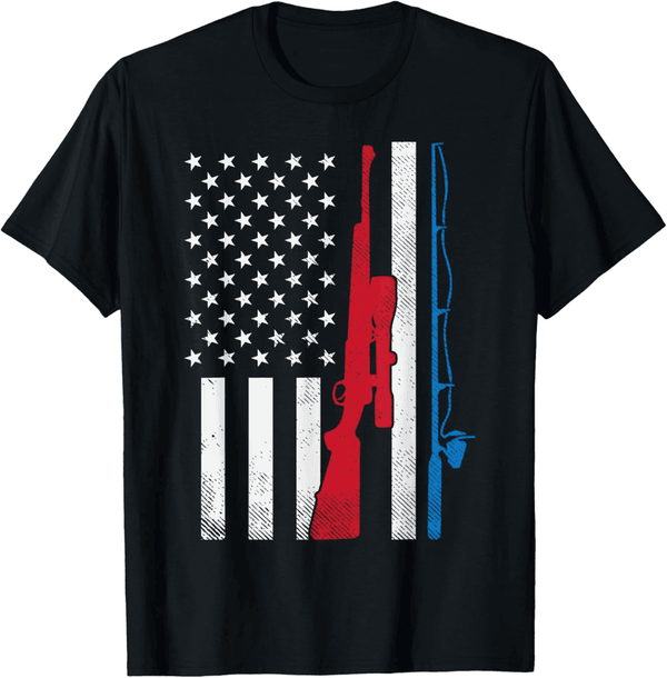 Patriotic Dad Gift T-Shirt with Fishing Rod & Rifle Design