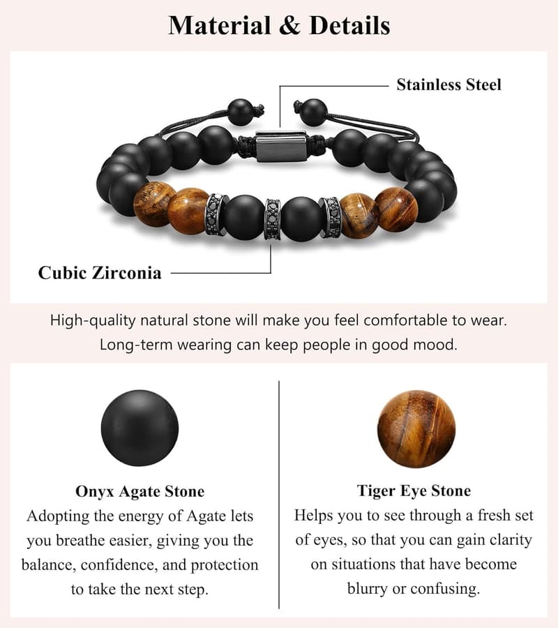 Men's Natural Stone Adjustable Bracelet - Gift for Him