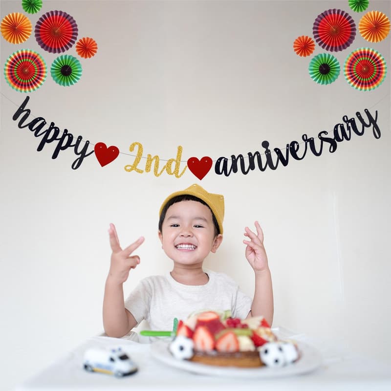 2nd Anniversary Black Glitter Banner Decoration
