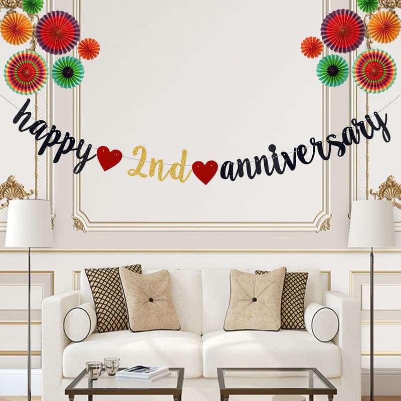 2nd Anniversary Black Glitter Banner Decoration