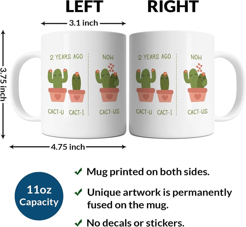 2nd Anniversary Cactus Mug - Funny Gift for Couples, 11oz