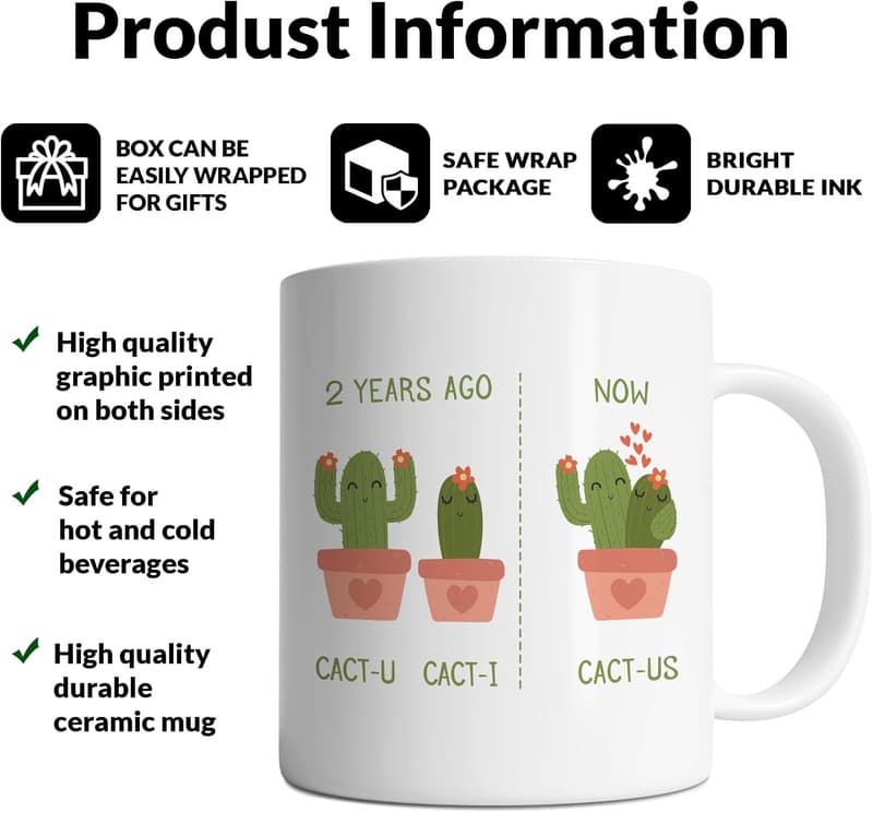 2nd Anniversary Cactus Mug - Funny Gift for Couples, 11oz
