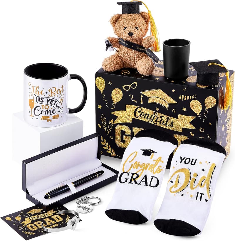 Graduation Gift Set for Him & Her - Bear, Socks, Bracelet, Hat