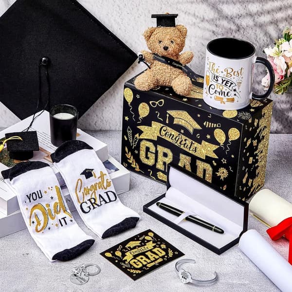 Graduation Gift Set for Him & Her - Bear, Socks, Bracelet, Hat