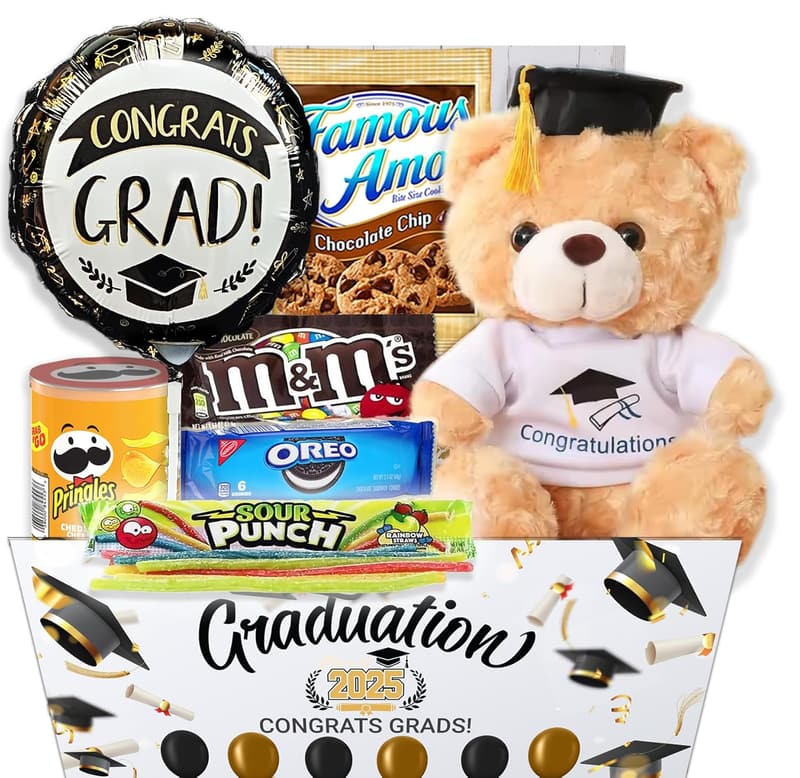 Graduation Gift Basket with Teddy Bear, Snacks & Balloon