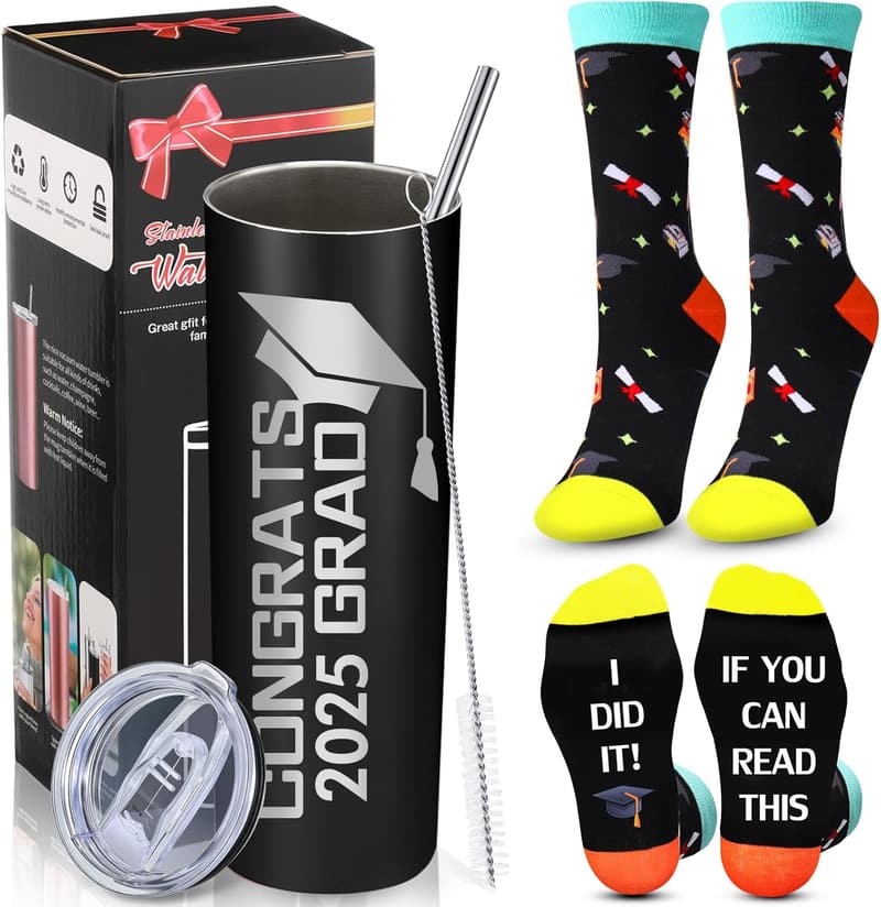 2025 Graduation Gift Set: 20 oz Stainless Steel Tumbler & Socks