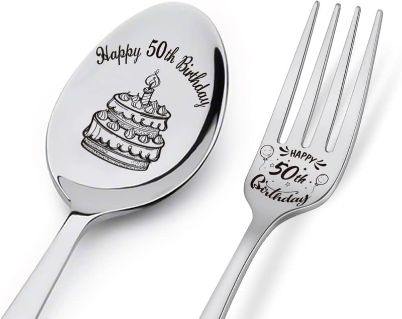 Personalized Engraved Spoon & Fork Set for 50th Birthday