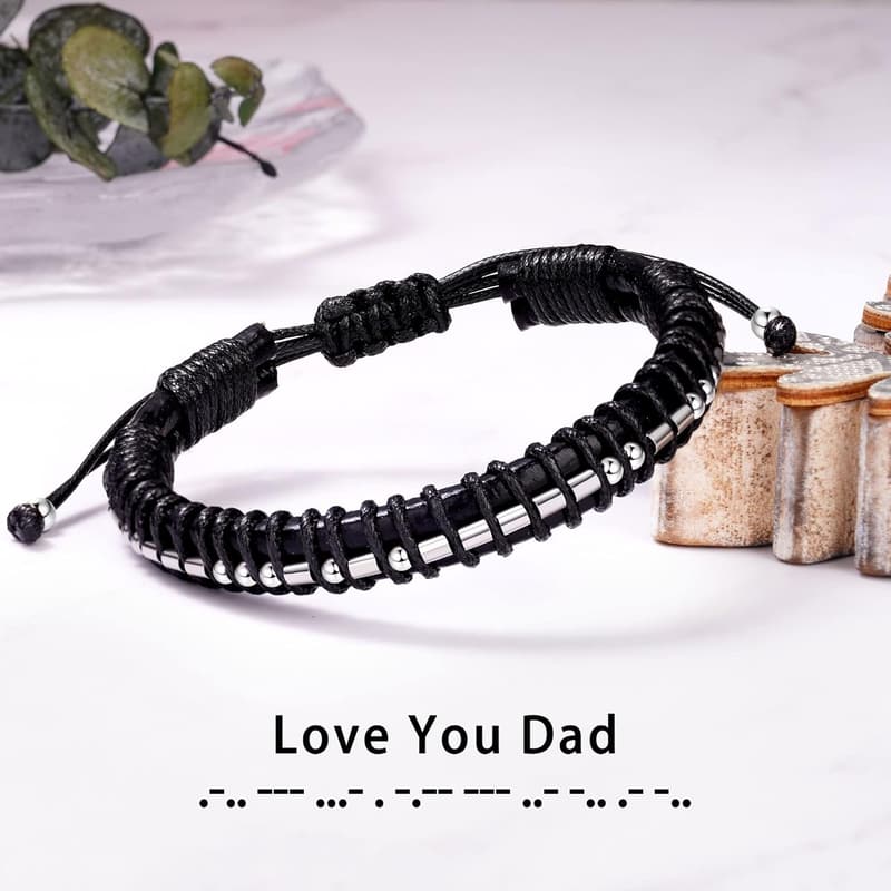 Graduation Gift: Adjustable Leather Morse Code Bracelet for Men