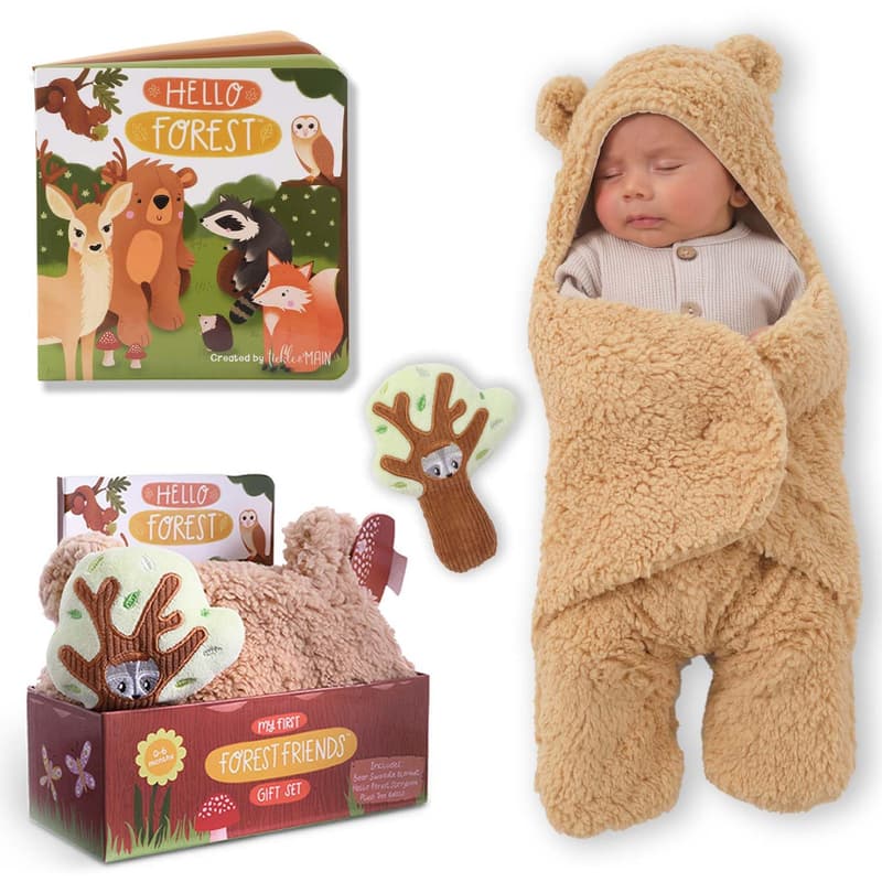 Baby Shower Gift Set: Bear Swaddle Blanket, Storybook & Rattle