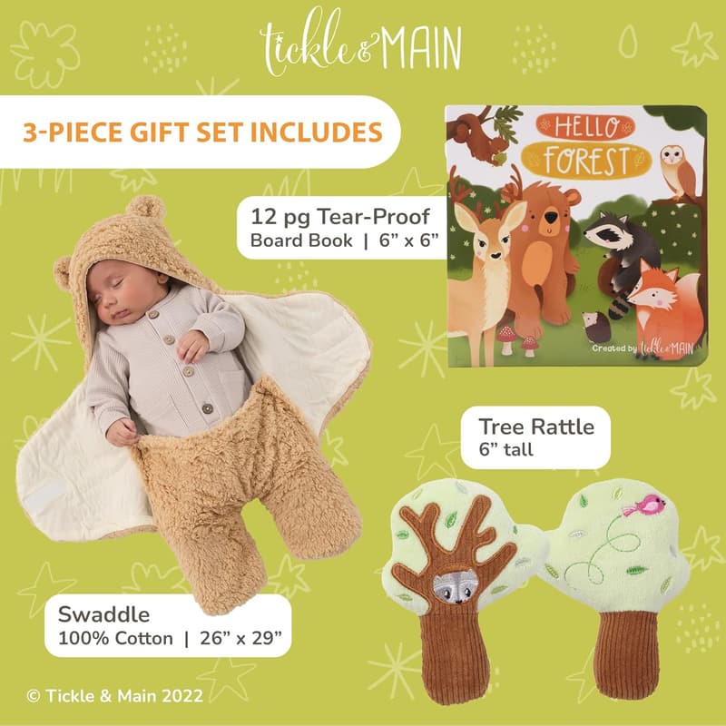 Baby Shower Gift Set: Bear Swaddle Blanket, Storybook & Rattle