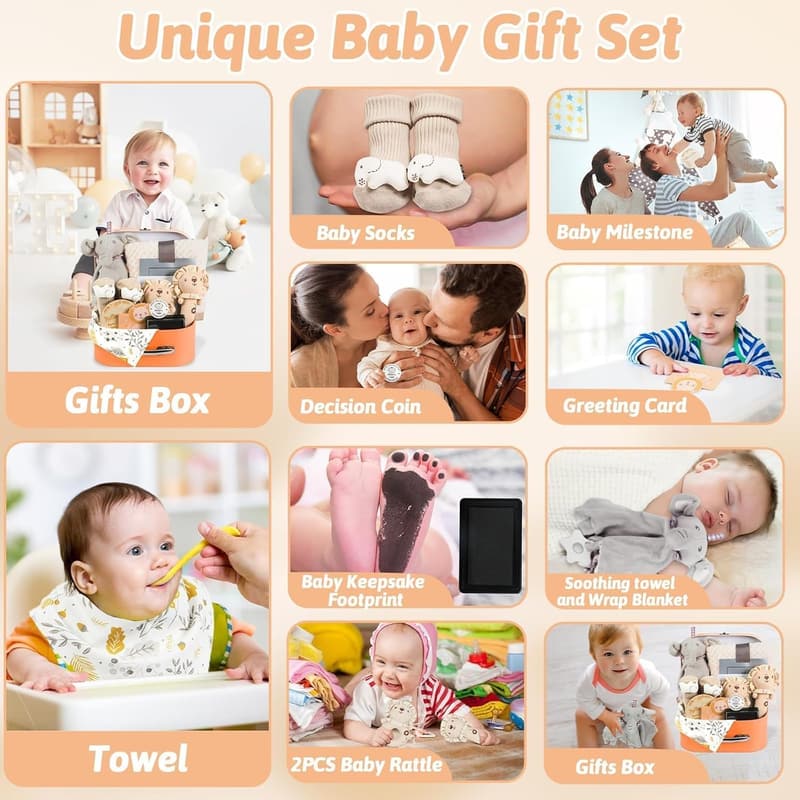 Gender Neutral Baby Gift Set with Blanket, Rattle & Essentials