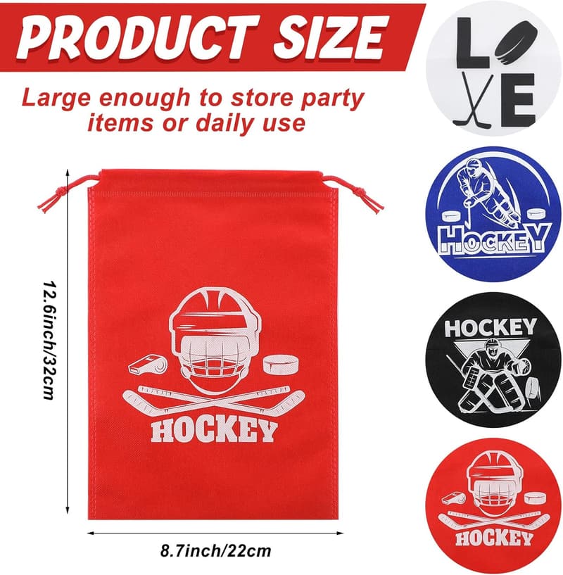 Hockey Party Favor Drawstring Bags - 24 Pack
