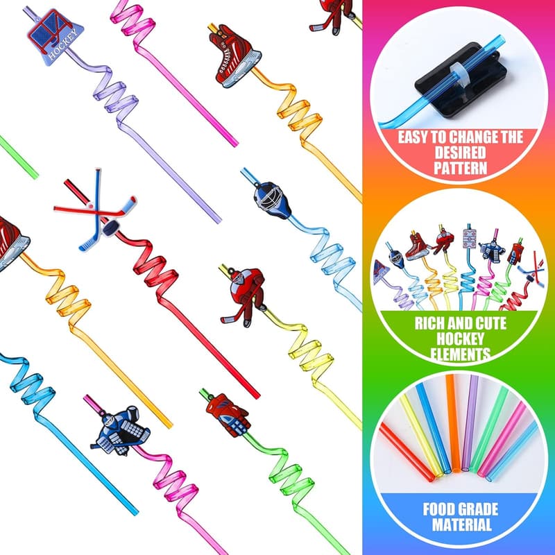 Hockey Game Party Drinking Straws - 24 Pcs Reusable Set