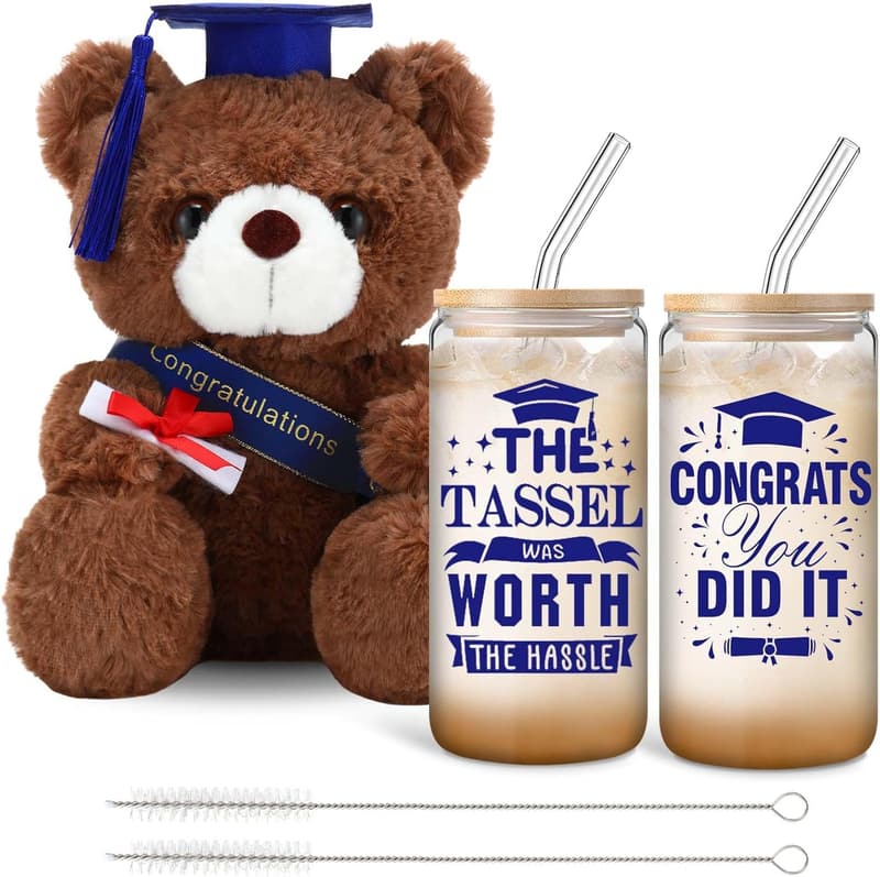 2025 Graduation Gift Set: Stuffed Bear & 16oz Glass Cups