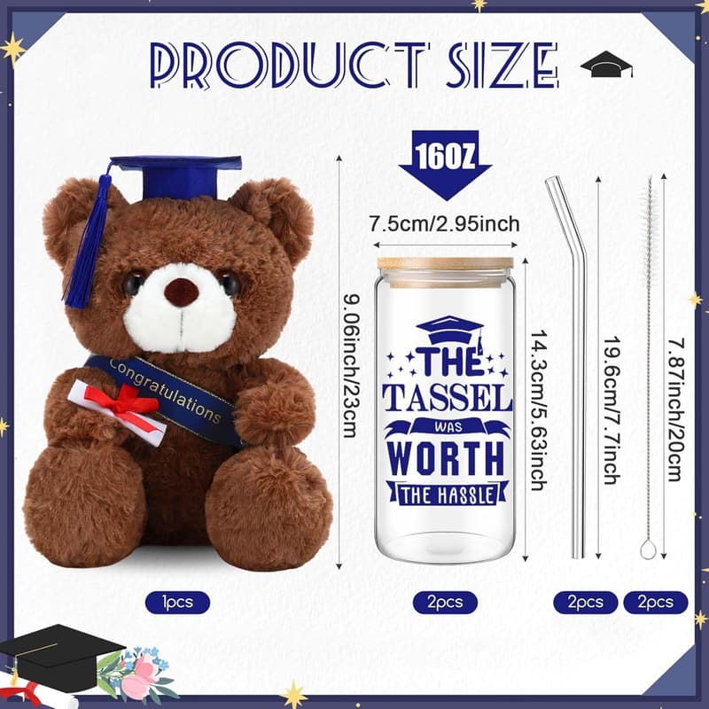 2025 Graduation Gift Set: Stuffed Bear & 16oz Glass Cups