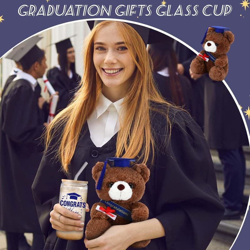 2025 Graduation Gift Set: Stuffed Bear & 16oz Glass Cups