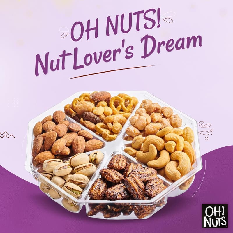 Gourmet Assorted Nuts Gift Basket - 6-Section Octagon Tray
