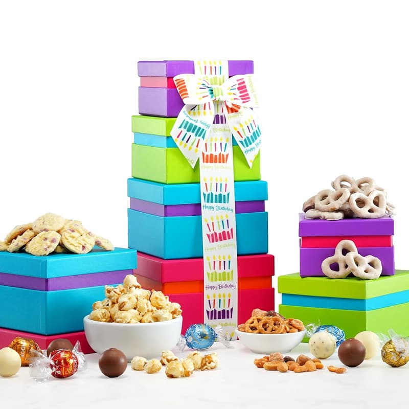Birthday Snack Basket Tower with Sweet & Savory Treats