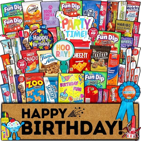 Birthday Snack Care Package - 50 Count Treats for Kids & Teens