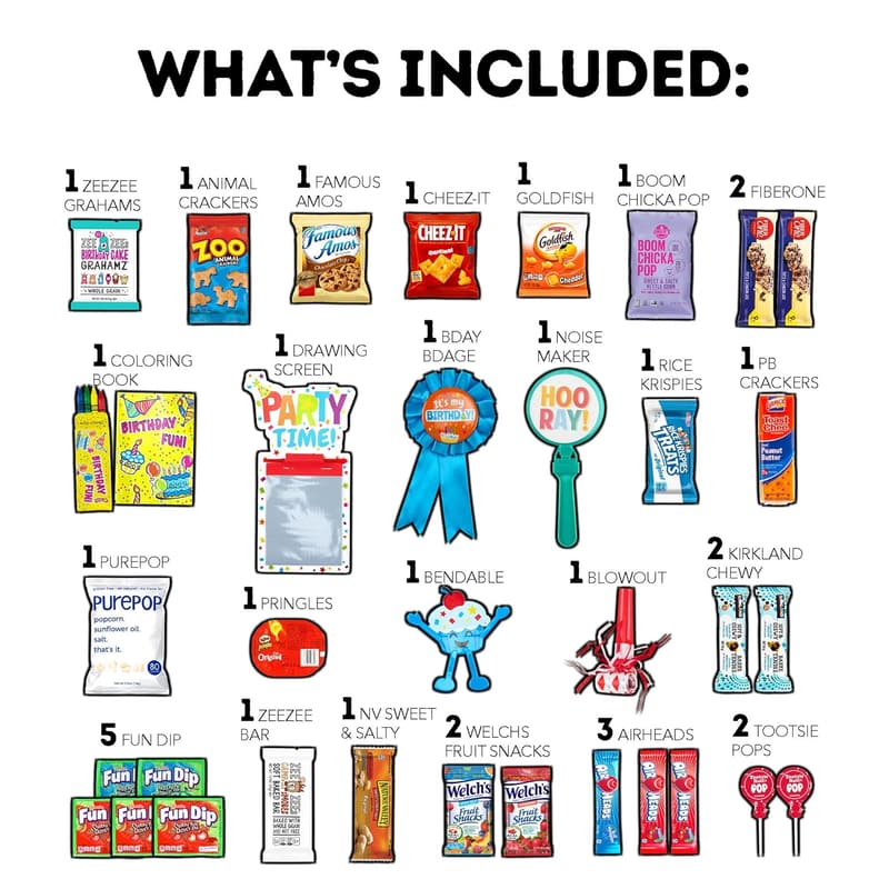 Birthday Snack Care Package - 50 Count Treats for Kids & Teens