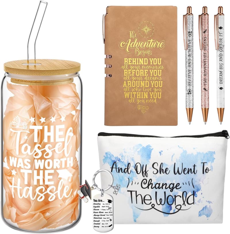 2025 Graduation Gift Set for Her - Glass Cup, Makeup Bag & More