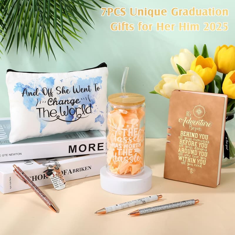 2025 Graduation Gift Set for Her - Glass Cup, Makeup Bag & More