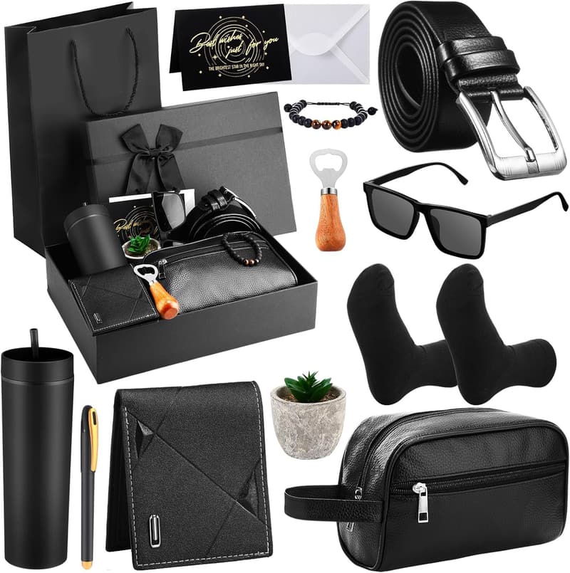Men's Birthday Gift Basket - 13 Pieces with Tumblers, Wallet, and More