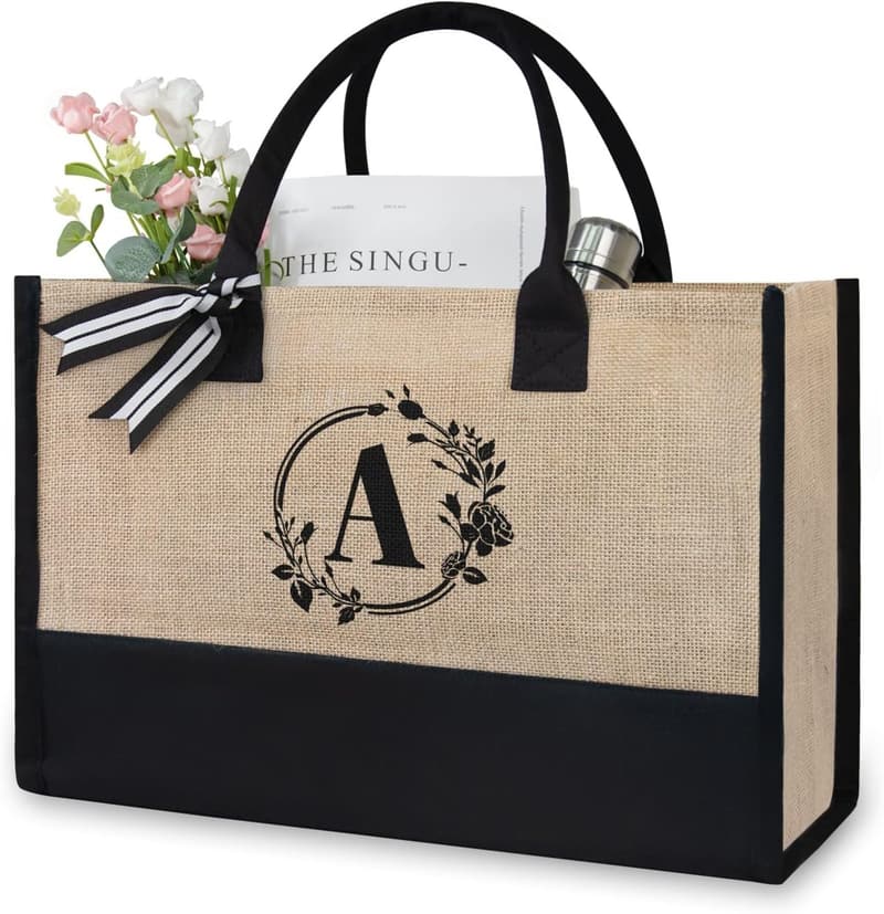 Personalized Monogrammed Jute Canvas Beach Bag for Women