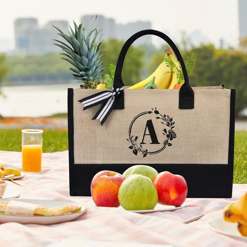 Personalized Monogrammed Jute Canvas Beach Bag for Women