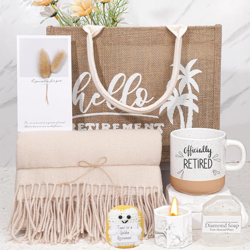 Retirement Gift Basket for Women: Handmade Mug, Shawl & Bag