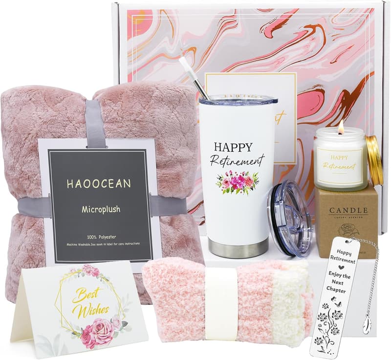 Retirement Gift Basket for Women with Tumbler, Blanket & Candles